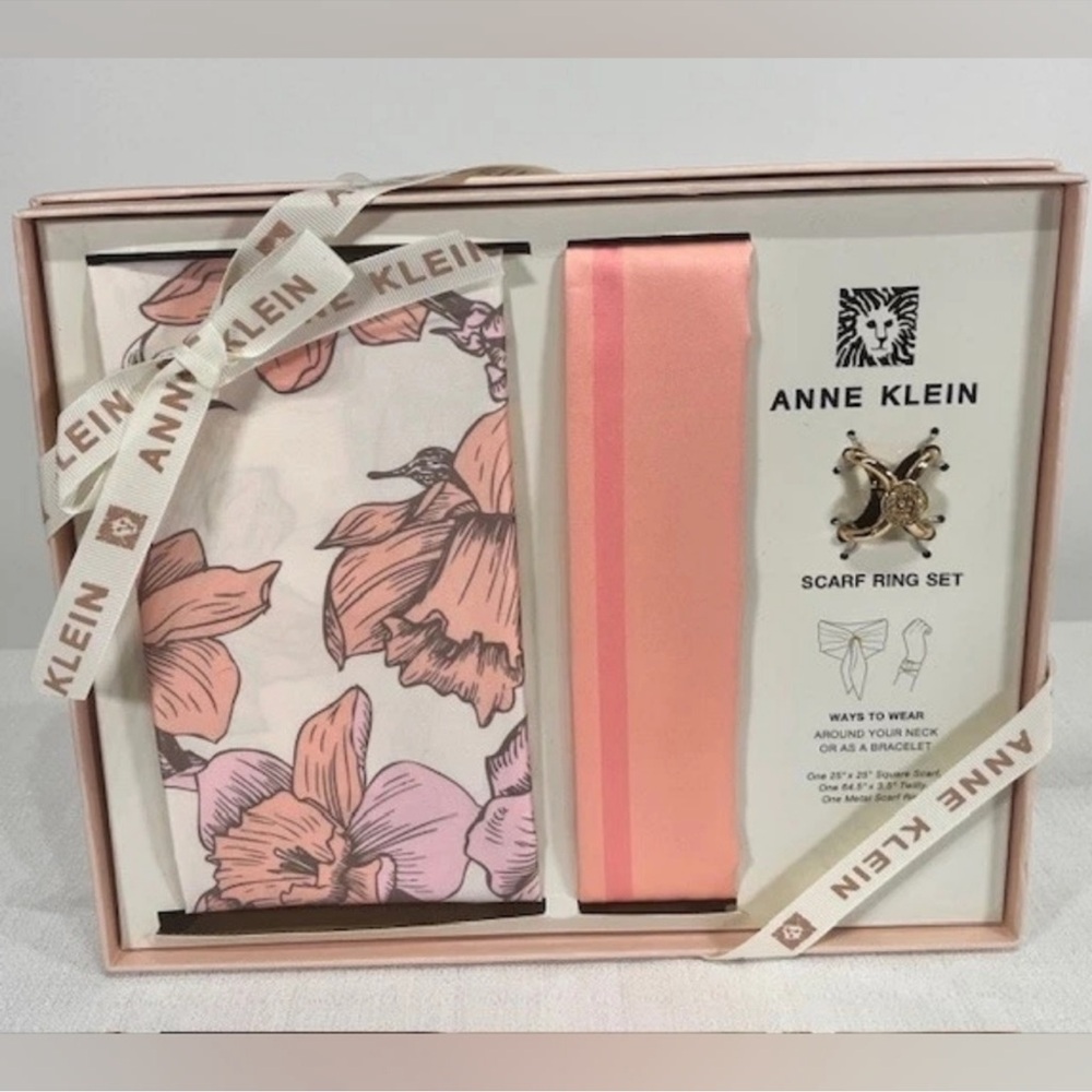 Anne Klein Pink Floral Scarf and Ring Set Of 3 NIB